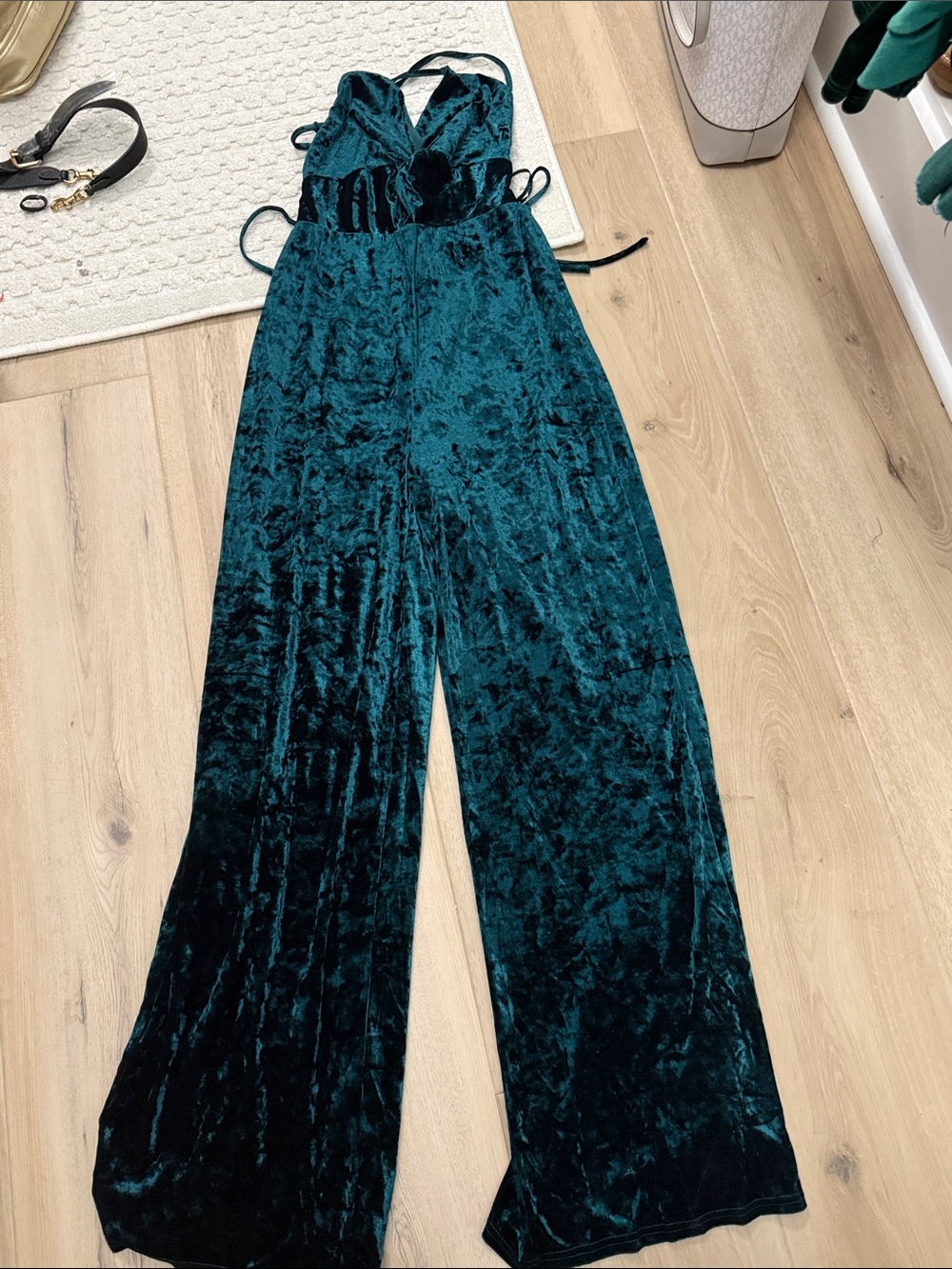 Lulu's Teal Velvet Wide-Leg Jumpsuit